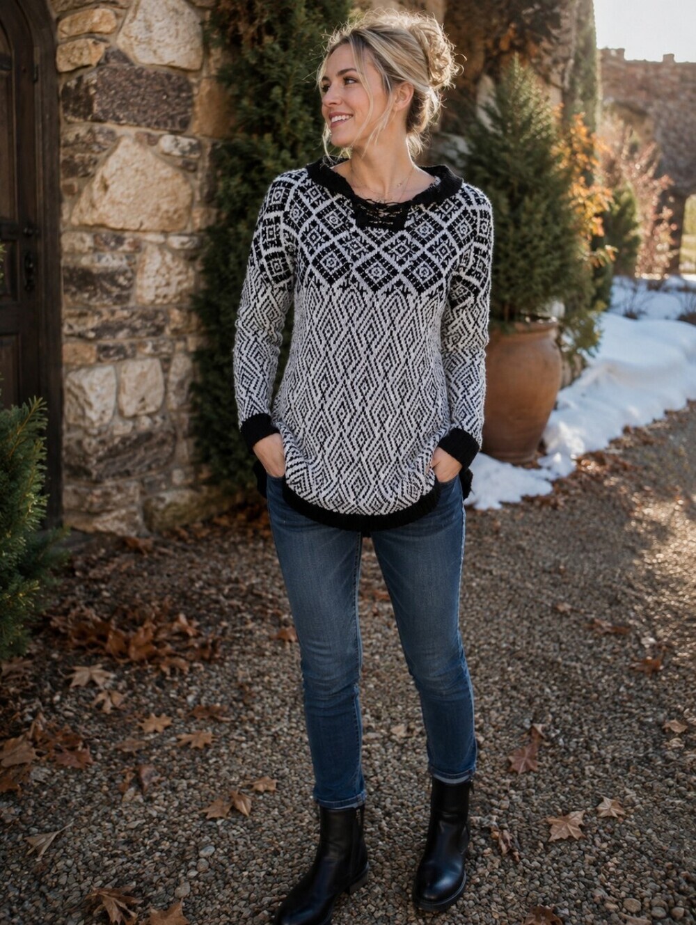 Vintage Artesania Alpaca Blend Hooded Sweater Hand Knit Peruvian Fair Isle S